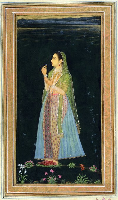 Dame mit einer Blüte, aus dem Kleinen Clive Album von Mughal School